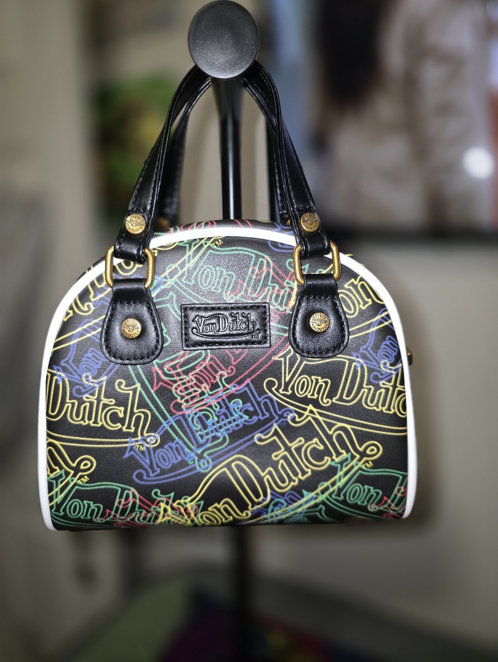 NWT Von Dutch Black Multicolor Logo Dome Satchel with White Trim